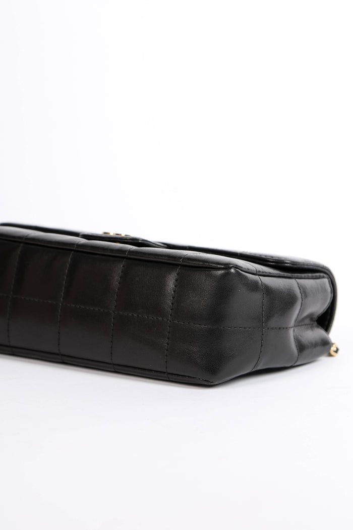 2000s Chanel Black Lambskin Leather Mini Camellia Chocolate Bar Crossbody Bag