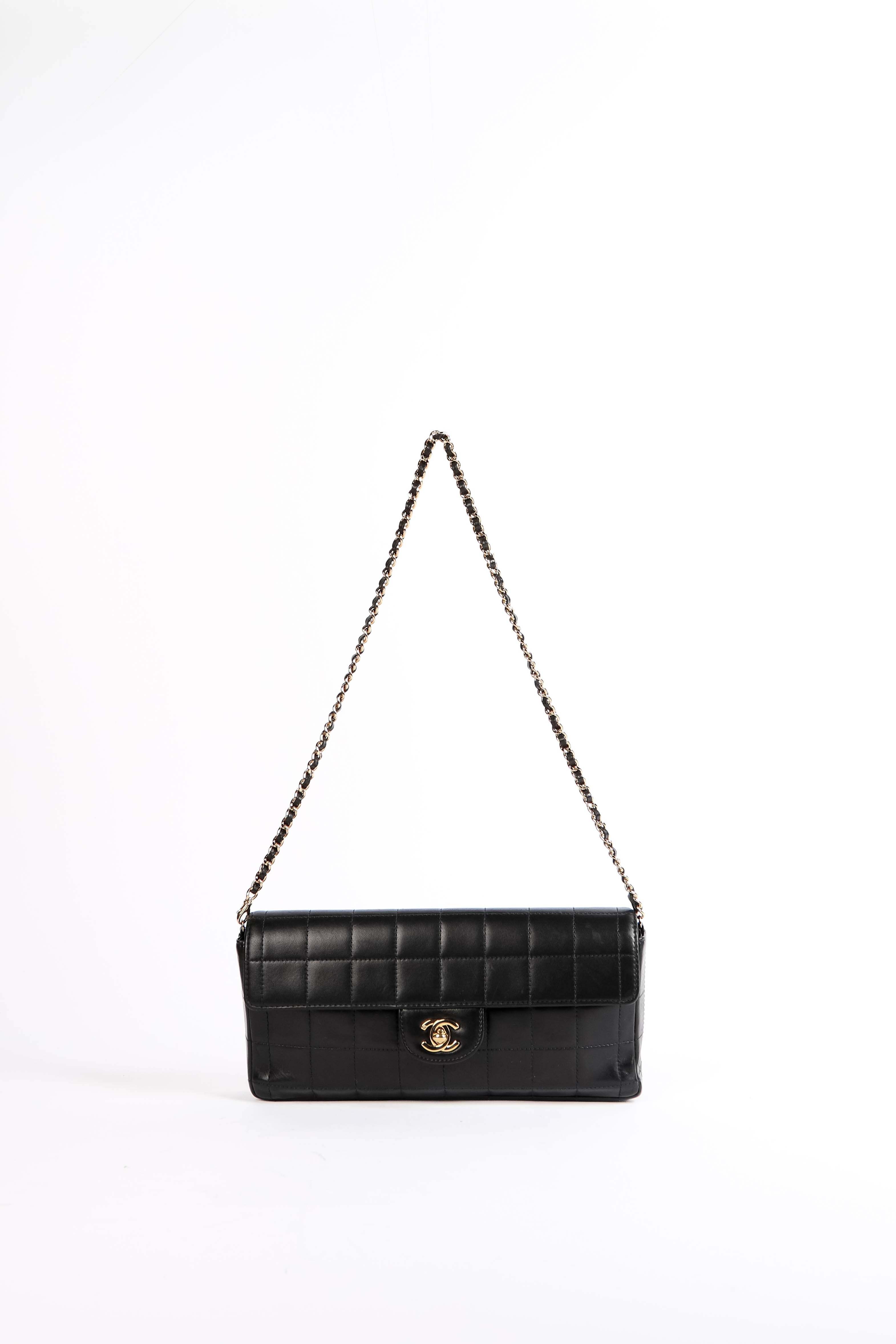 2000s Chanel Black Lambskin Leather East West Chocolate Bar