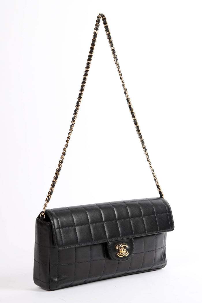 2000s Chanel Black Lambskin Leather East West Chocolate Bar Shoulder Bag