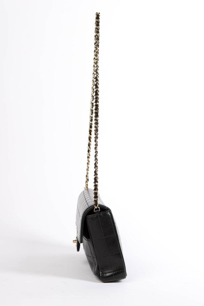 2000s Chanel Black Lambskin Leather East West Chocolate Bar Shoulder Bag