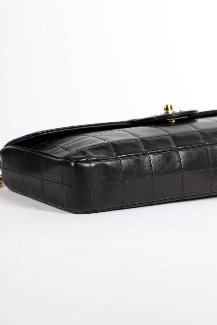 2000s Chanel Black Lambskin Leather East West Chocolate Bar Shoulder Bag
