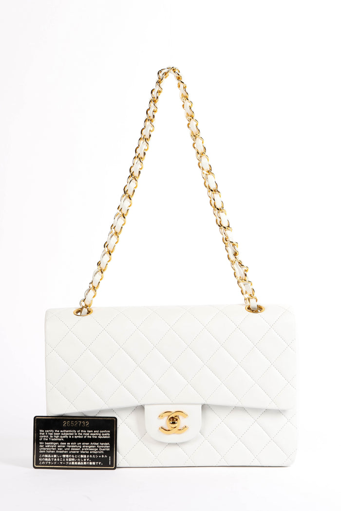90s Chanel White Lambskin Leather Medium Classic Double Flap Bag GHW