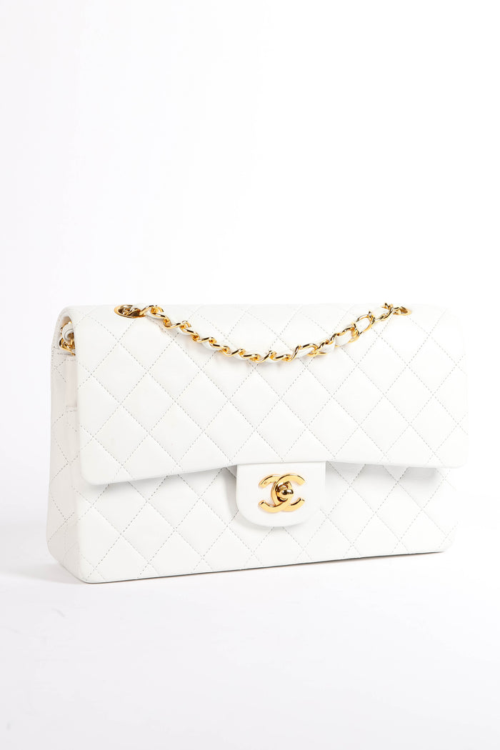 90s Chanel White Lambskin Leather Medium Classic Double Flap Bag GHW