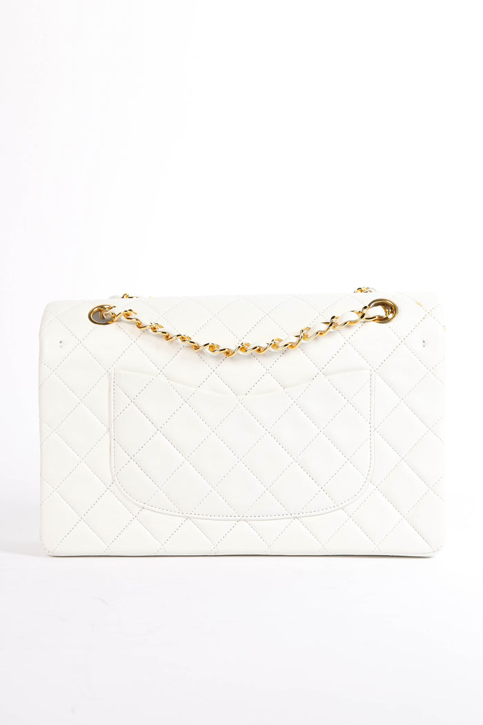 90s Chanel White Lambskin Leather Medium Classic Double Flap Bag GHW