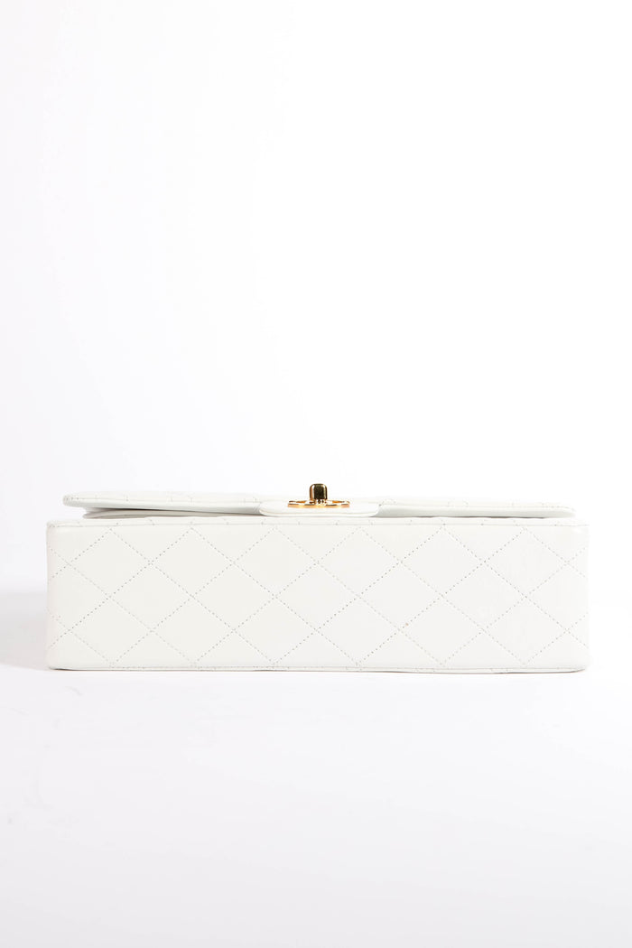 90s Chanel White Lambskin Leather Medium Classic Double Flap Bag GHW