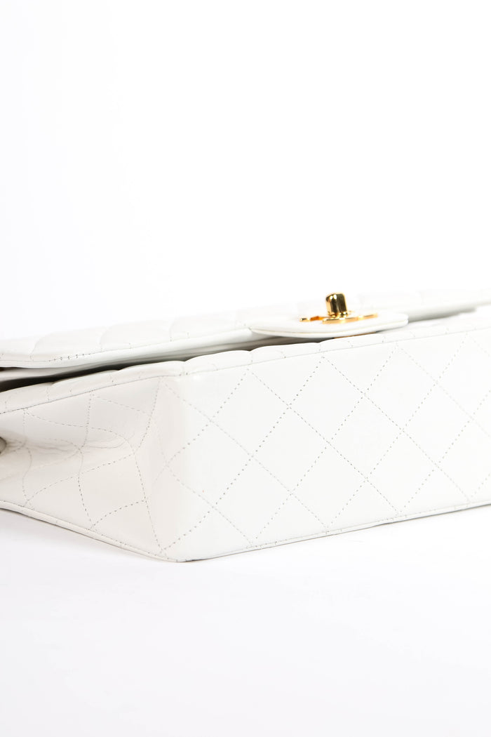 90s Chanel White Lambskin Leather Medium Classic Double Flap Bag GHW