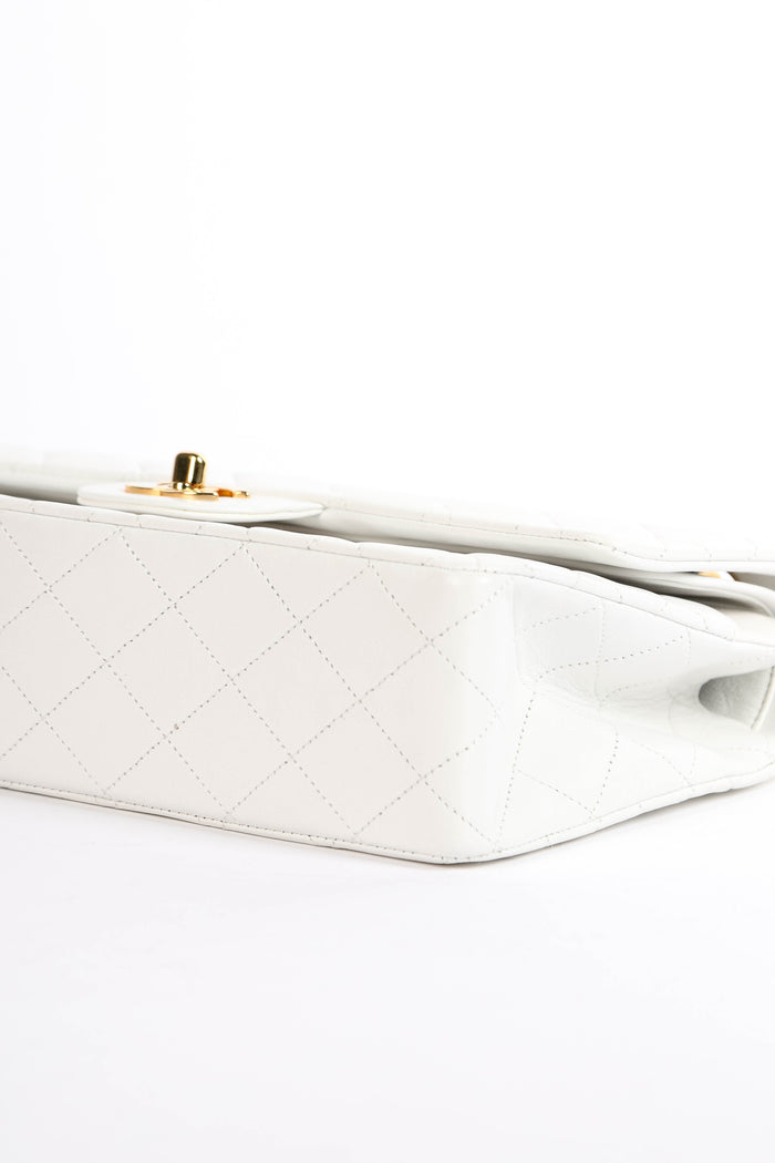90s Chanel White Lambskin Leather Medium Classic Double Flap Bag GHW