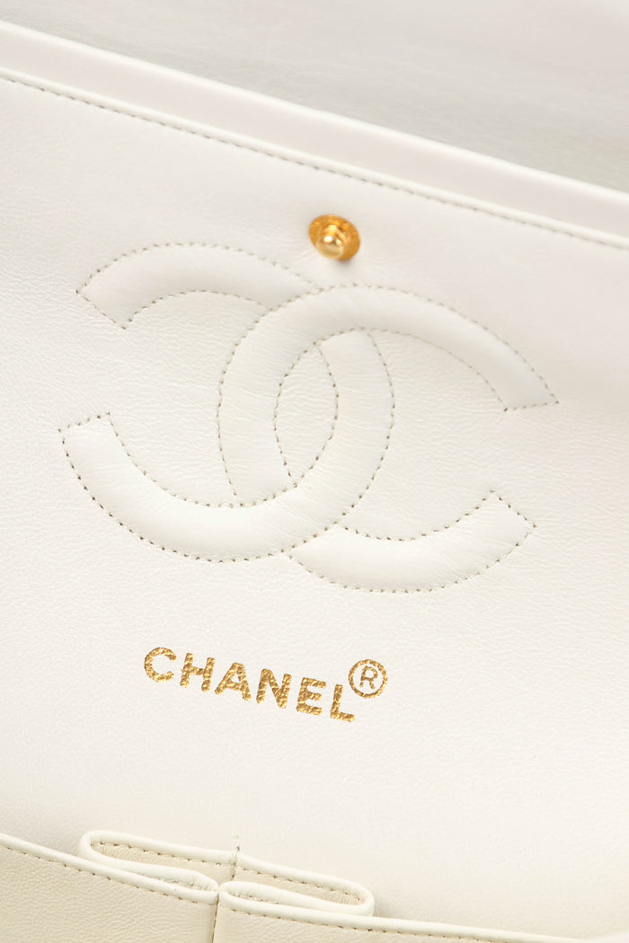 90s Chanel White Lambskin Leather Medium Classic Double Flap Bag GHW