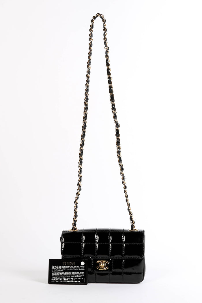 2000s Chanel Black Patent Leather Chocolate Bar Mini Rectangular Single Flap Bag