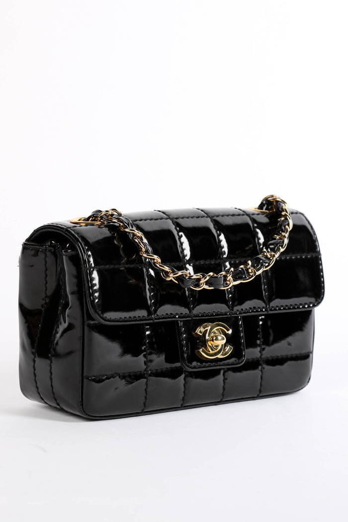 2000s Chanel Black Patent Leather Chocolate Bar Mini Rectangular Single Flap Bag