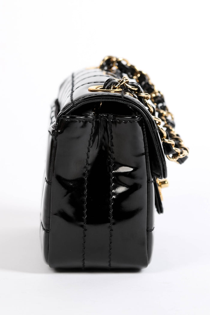 2000s Chanel Black Patent Leather Chocolate Bar Mini Rectangular Single Flap Bag
