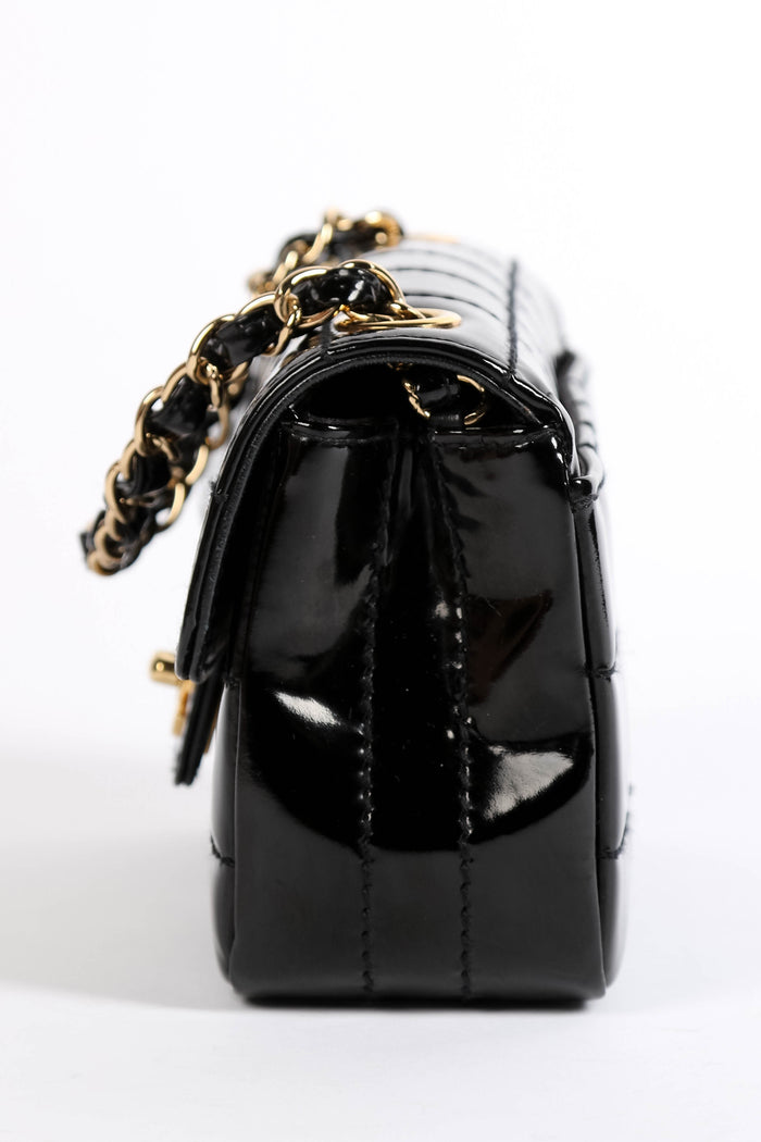 2000s Chanel Black Patent Leather Chocolate Bar Mini Rectangular Single Flap Bag