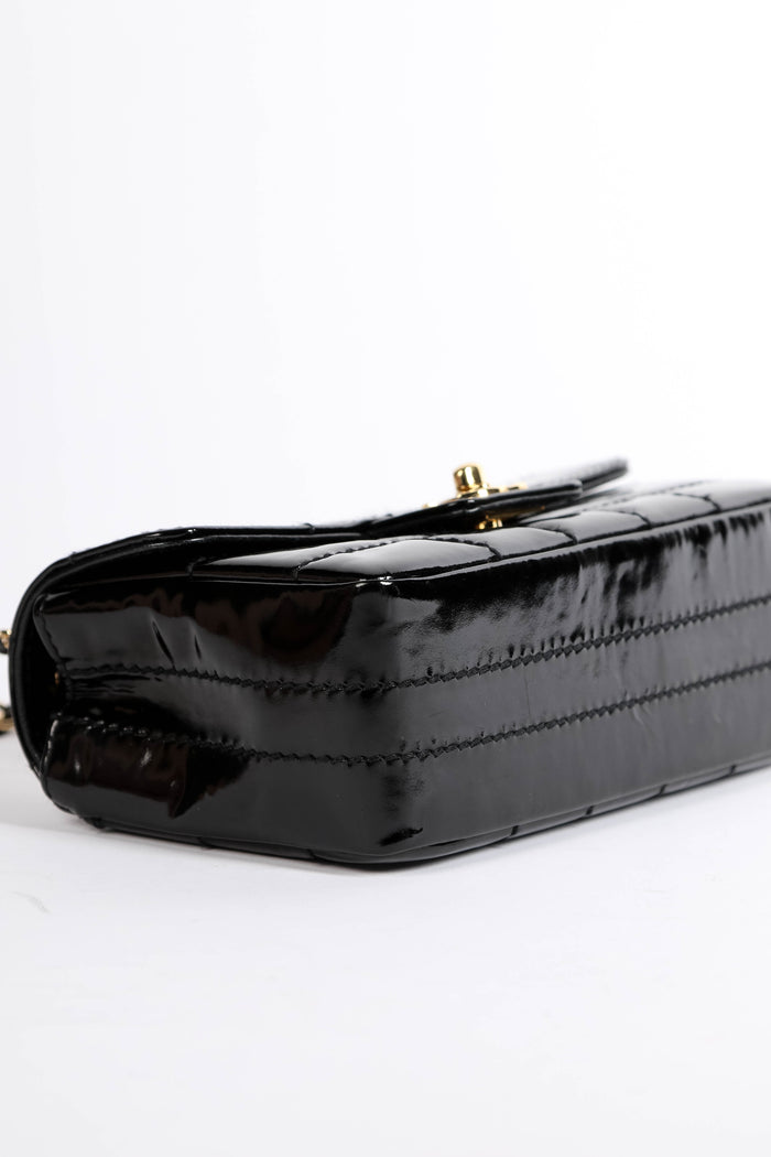 2000s Chanel Black Patent Leather Chocolate Bar Mini Rectangular Single Flap Bag