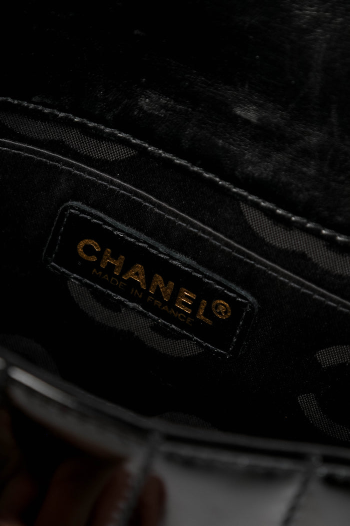 2000s Chanel Black Patent Leather Chocolate Bar Mini Rectangular Single Flap Bag