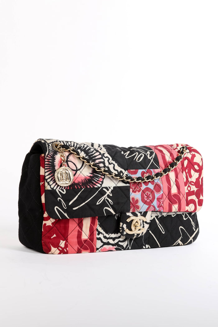 2014 Chanel Printed Jersey Jumbo Single Flap Shoulder Bag