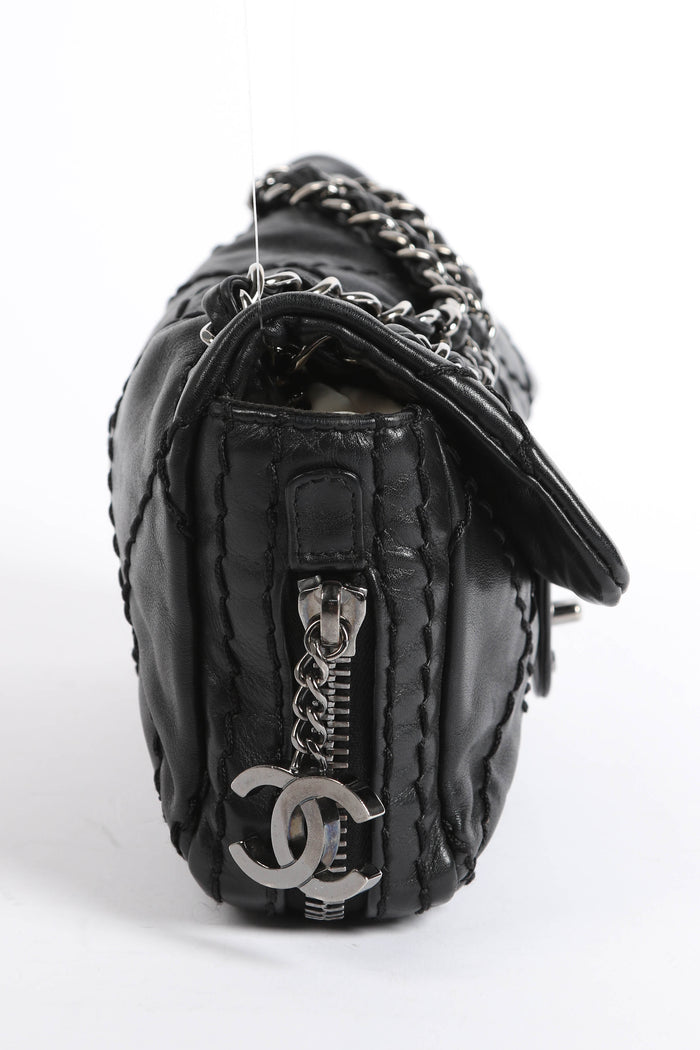 2000s Chanel Black Lambskin Leather Ultimate Stitch Single Flap Shoulder Bag