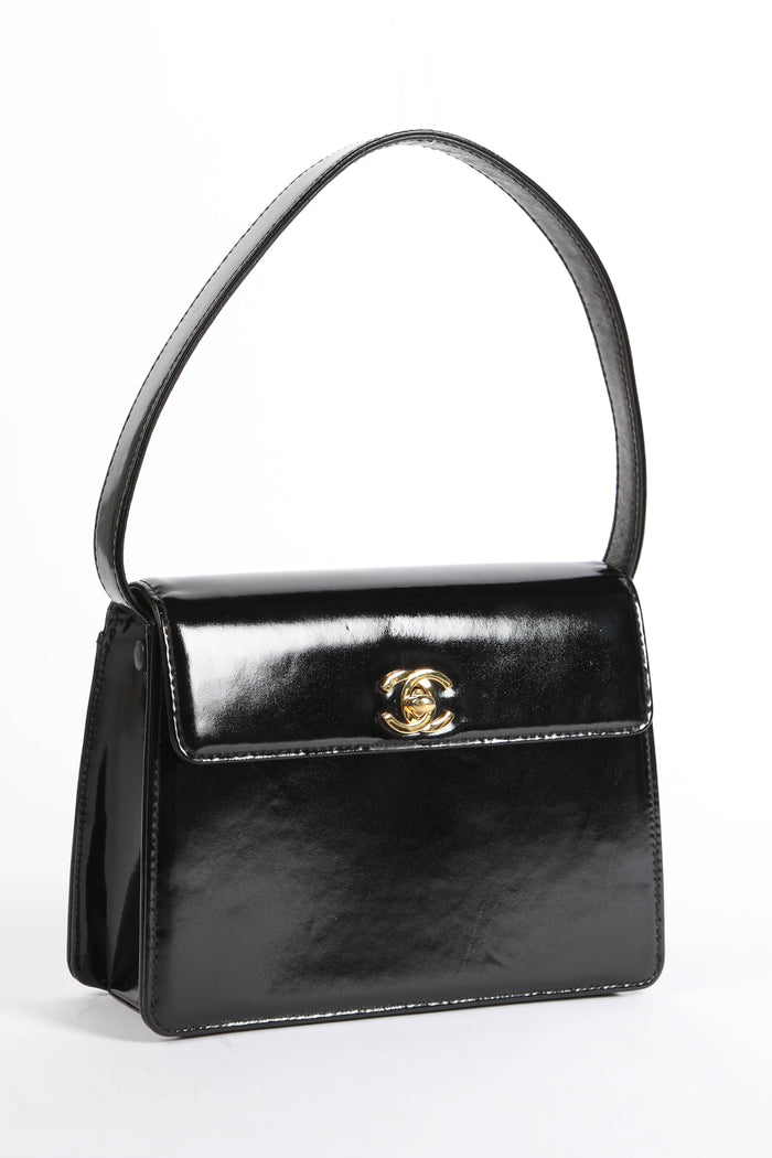 90s Chanel Black Patent Leather Small Shoulder Bag with 24K GHW