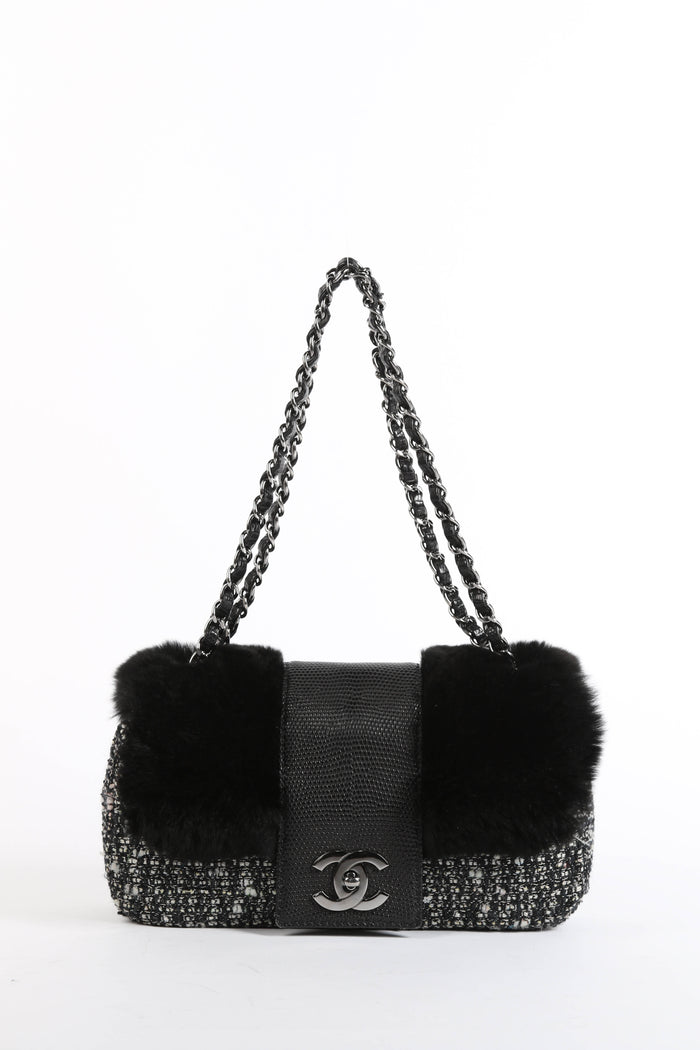 2000s Chanel Tweed and Fur Small SIngle Flap Shoulder Bag