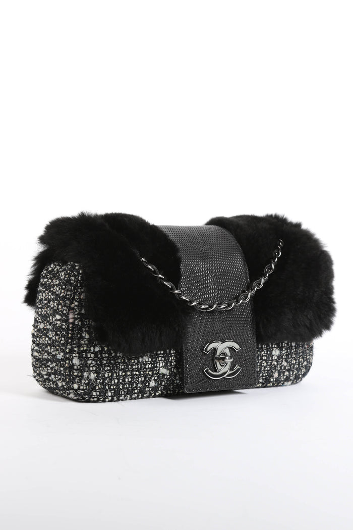 2000s Chanel Tweed and Fur Small SIngle Flap Shoulder Bag