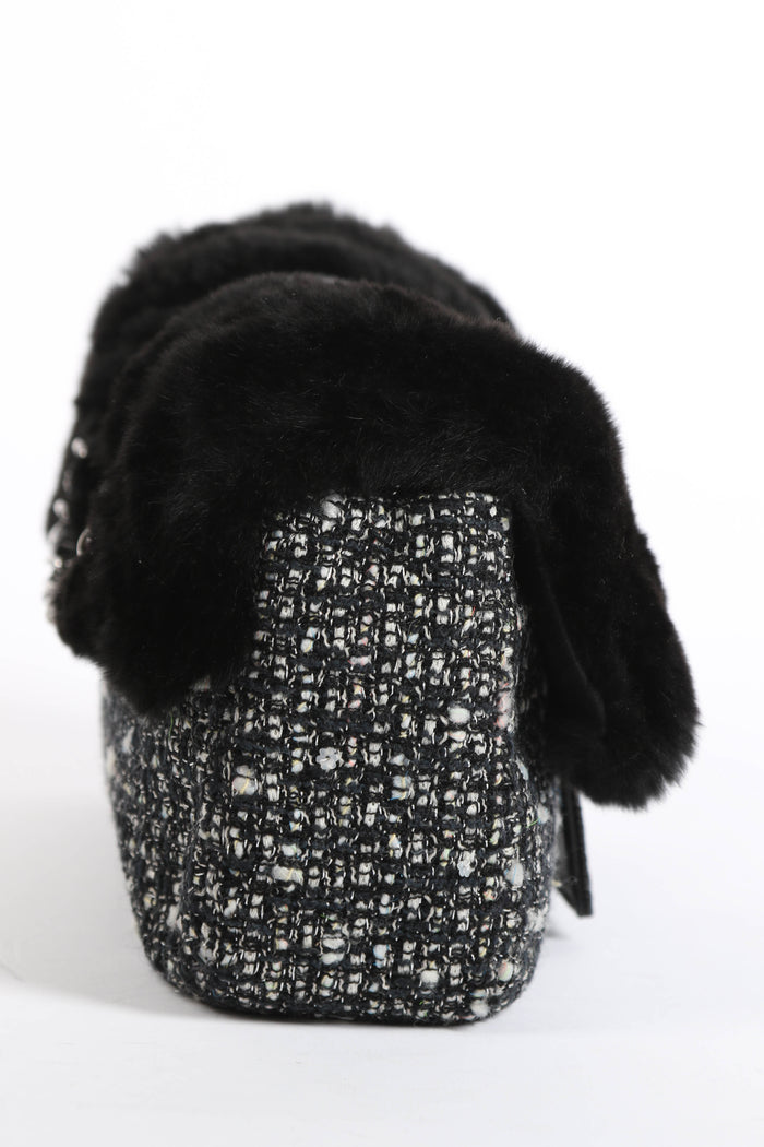 2000s Chanel Tweed and Fur Small SIngle Flap Shoulder Bag