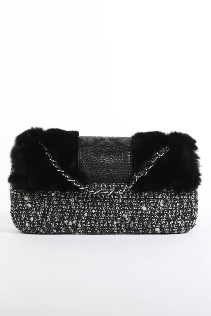 2000s Chanel Tweed and Fur Small SIngle Flap Shoulder Bag