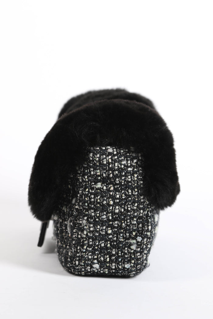 2000s Chanel Tweed and Fur Small SIngle Flap Shoulder Bag