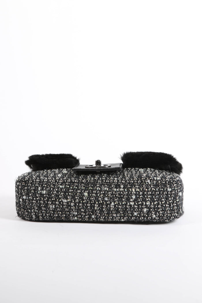 2000s Chanel Tweed and Fur Small SIngle Flap Shoulder Bag