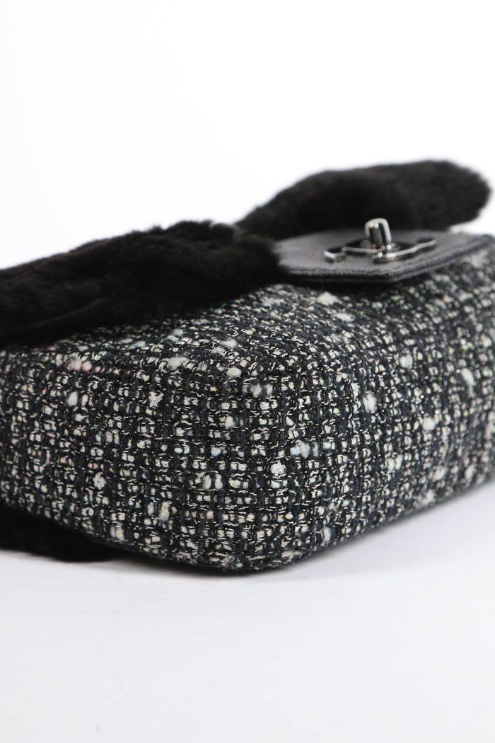 2000s Chanel Tweed and Fur Small SIngle Flap Shoulder Bag