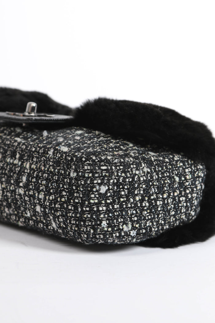 2000s Chanel Tweed and Fur Small SIngle Flap Shoulder Bag