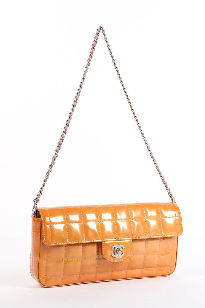 2000s Chanel Orange Patent Leather Chocolate East West Shoulder Bag