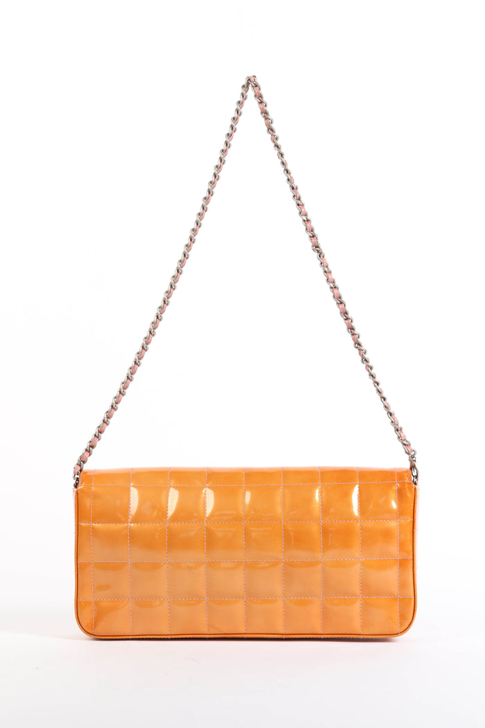 2000s Chanel Orange Patent Leather Chocolate East West Shoulder Bag