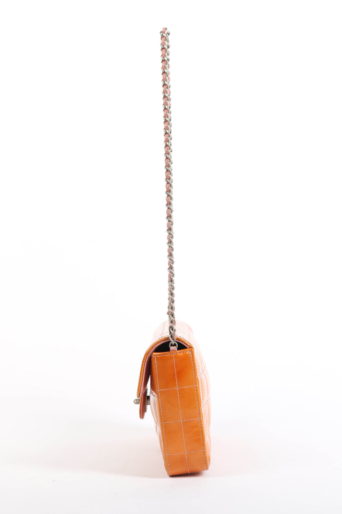 2000s Chanel Orange Patent Leather Chocolate East West Shoulder Bag