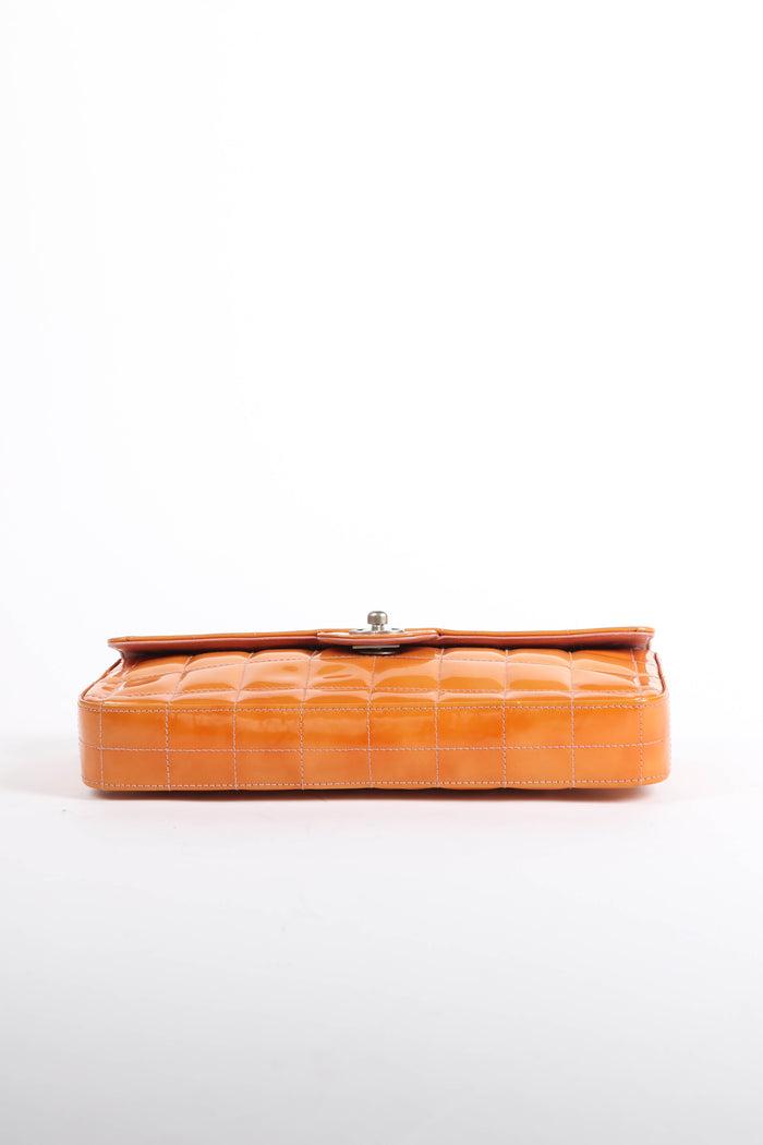 2000s Chanel Orange Patent Leather Chocolate East West Shoulder Bag