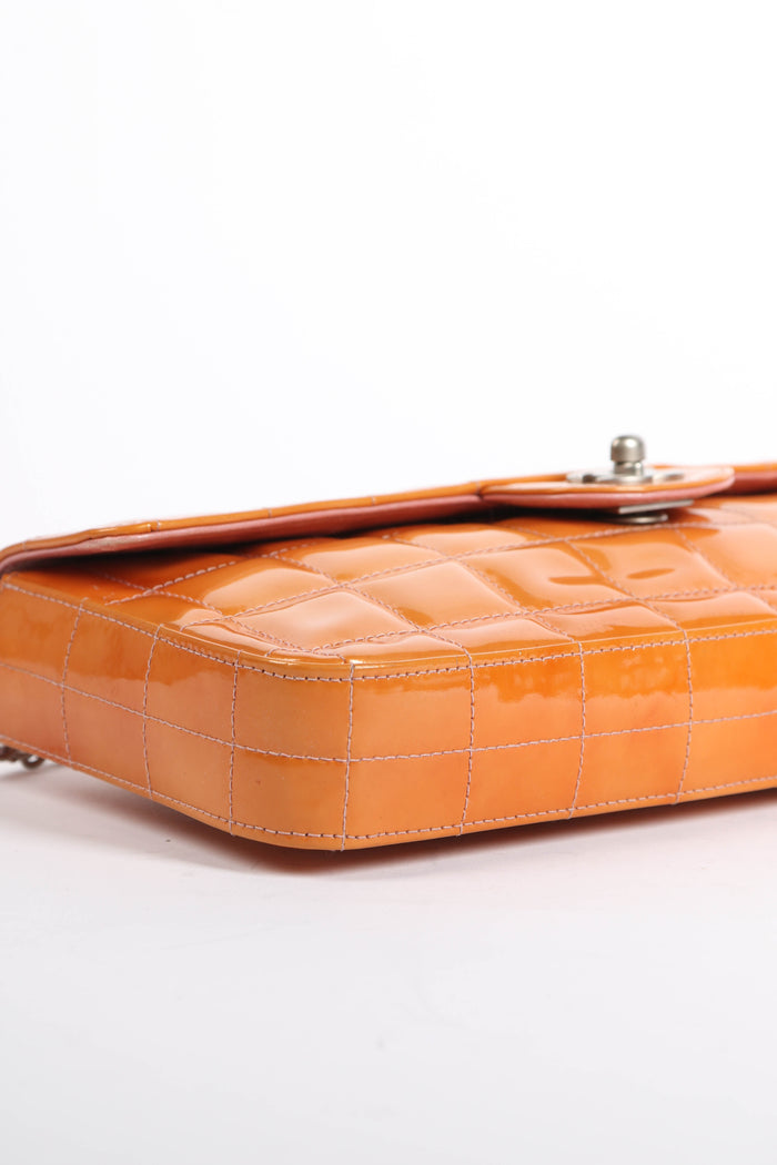 2000s Chanel Orange Patent Leather Chocolate East West Shoulder Bag