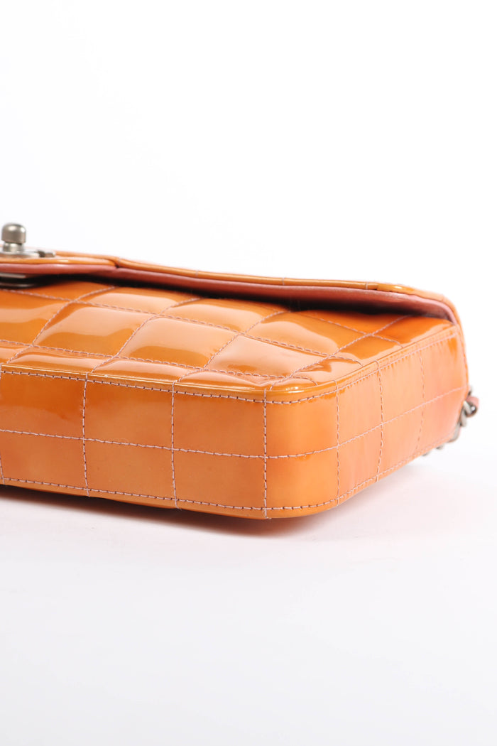 2000s Chanel Orange Patent Leather Chocolate East West Shoulder Bag