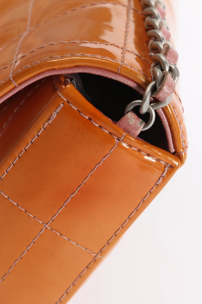 2000s Chanel Orange Patent Leather Chocolate East West Shoulder Bag