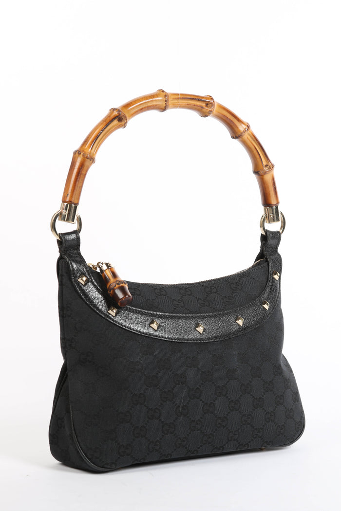 Vintage Gucci Monogram Canvas Bamboo Shoulder Bag
