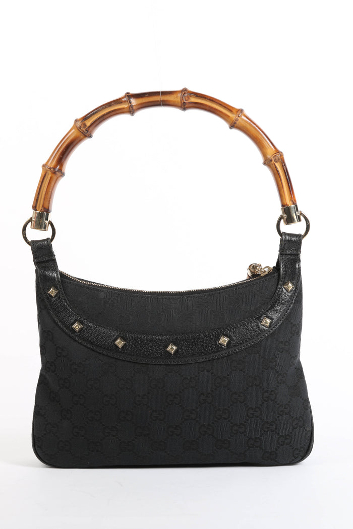 Vintage Gucci Monogram Canvas Bamboo Shoulder Bag