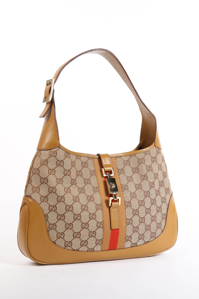 Vintage Gucci Monogram Canvas and Tan Leather Jackie Shoulder Bag