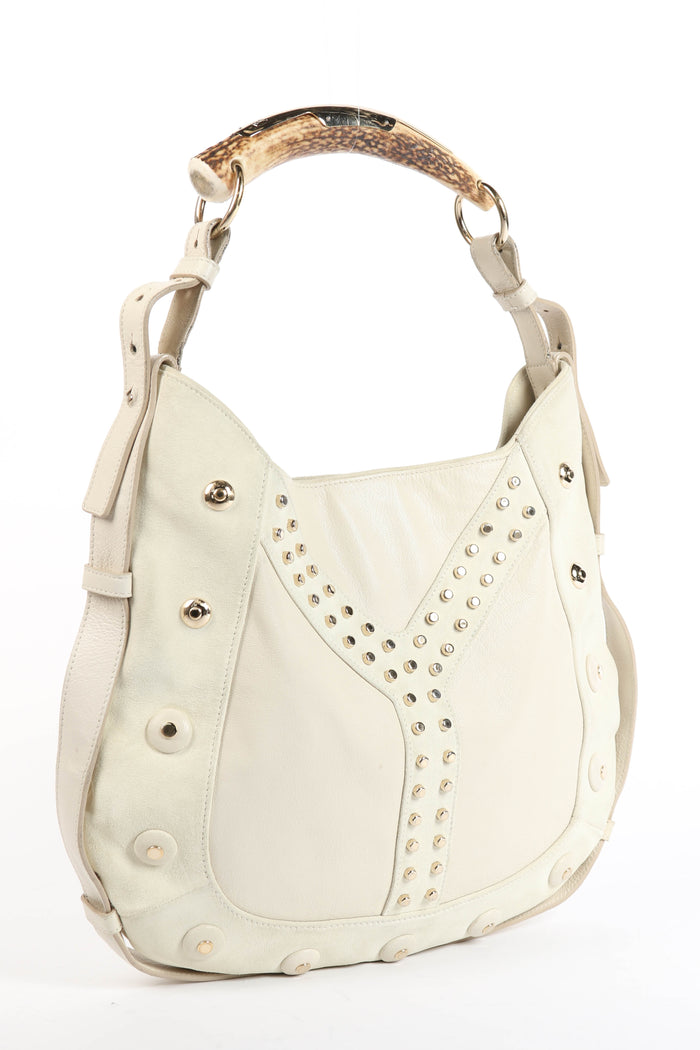 RARE Yves Saint Laurent Cream Suede Studded Mombasa Shoulder Bag