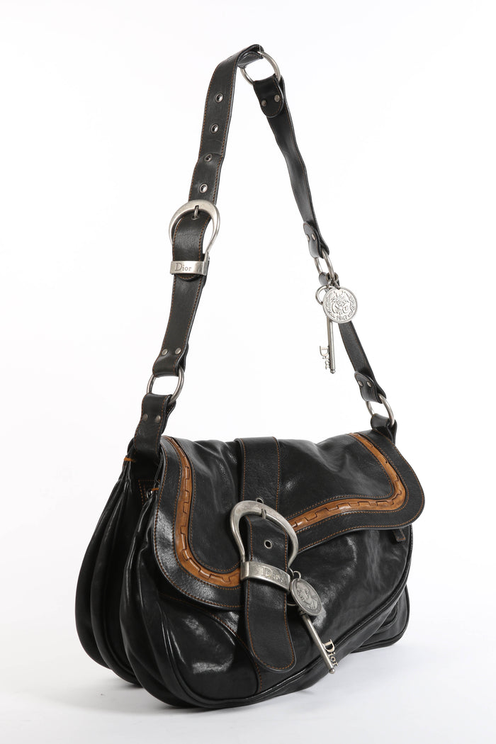 2000s Christian Dior Black Leather Gaucho Shoulder Bag