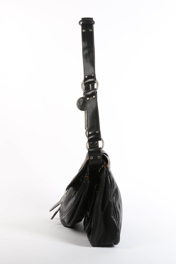 2000s Christian Dior Black Leather Gaucho Shoulder Bag
