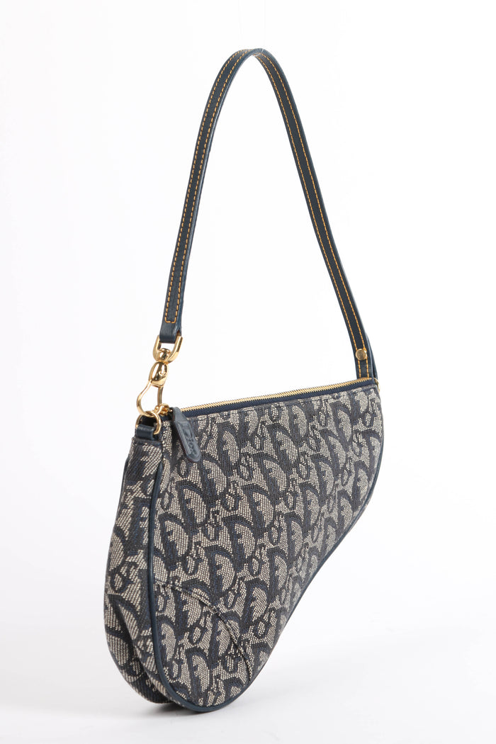2000s Christian Dior Monogram Navy Trotter Saddle Bag