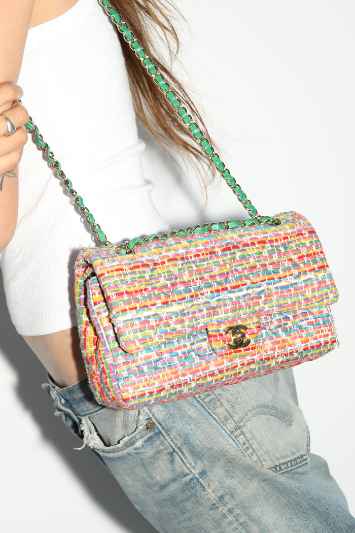 2010s Chanel Multicoloured Tweed Medium Double Flap Shoulder Bag