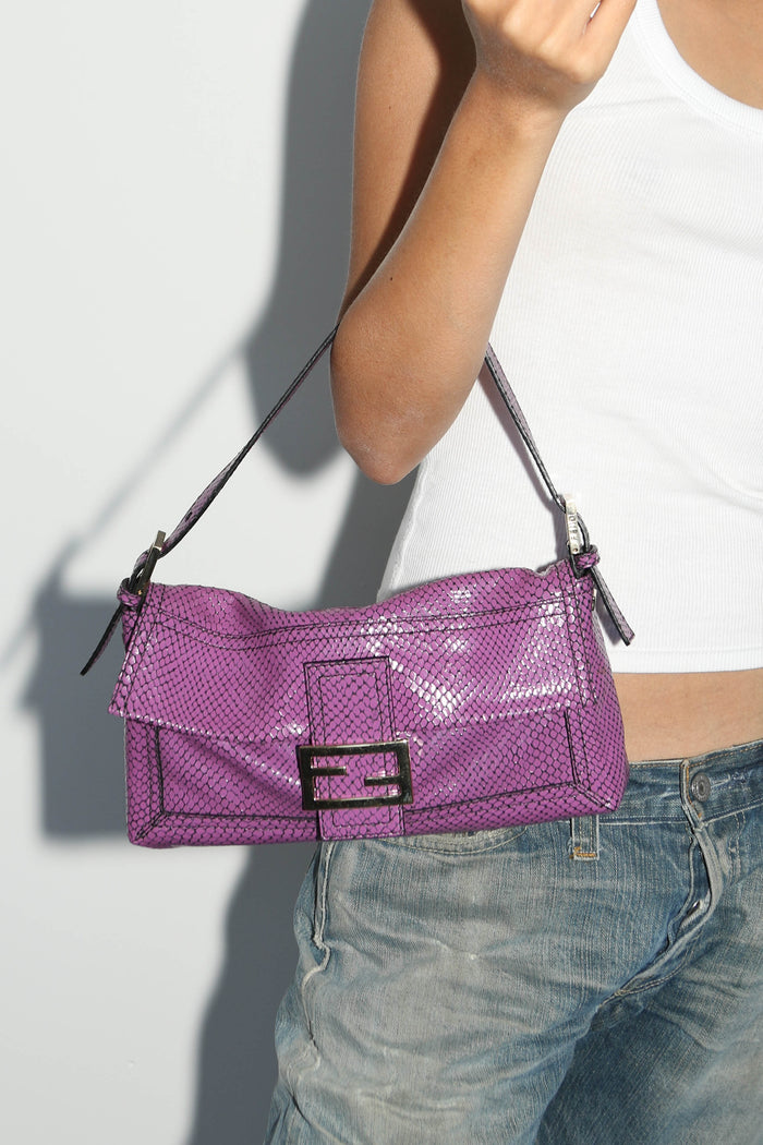 RARE Vintage Fendi Purple Snakeskin Baguette Shoulder Bag