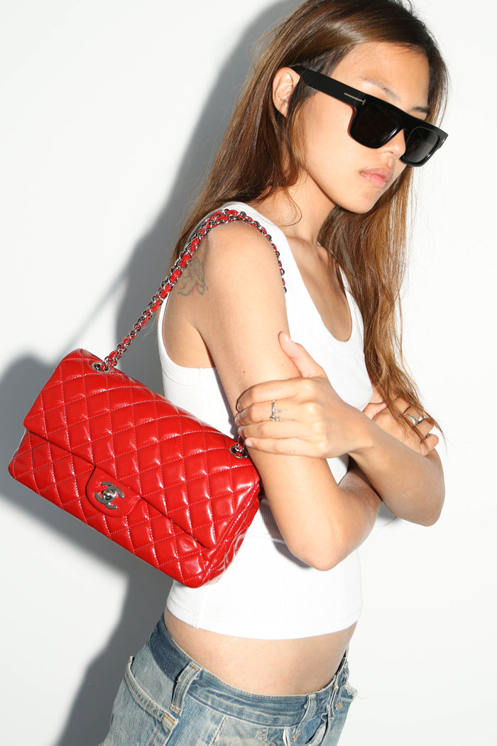 2010s Chanel Red Patent Leather Medium Double Flap Shoulder Bag