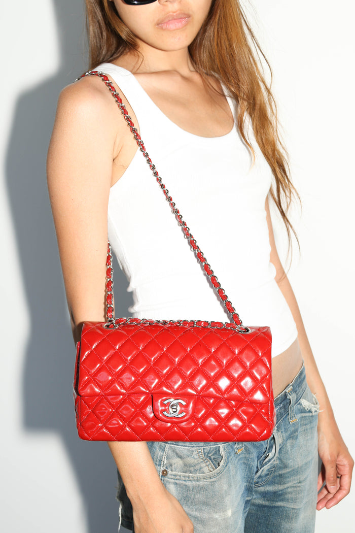 2010s Chanel Red Patent Leather Medium Double Flap Shoulder Bag