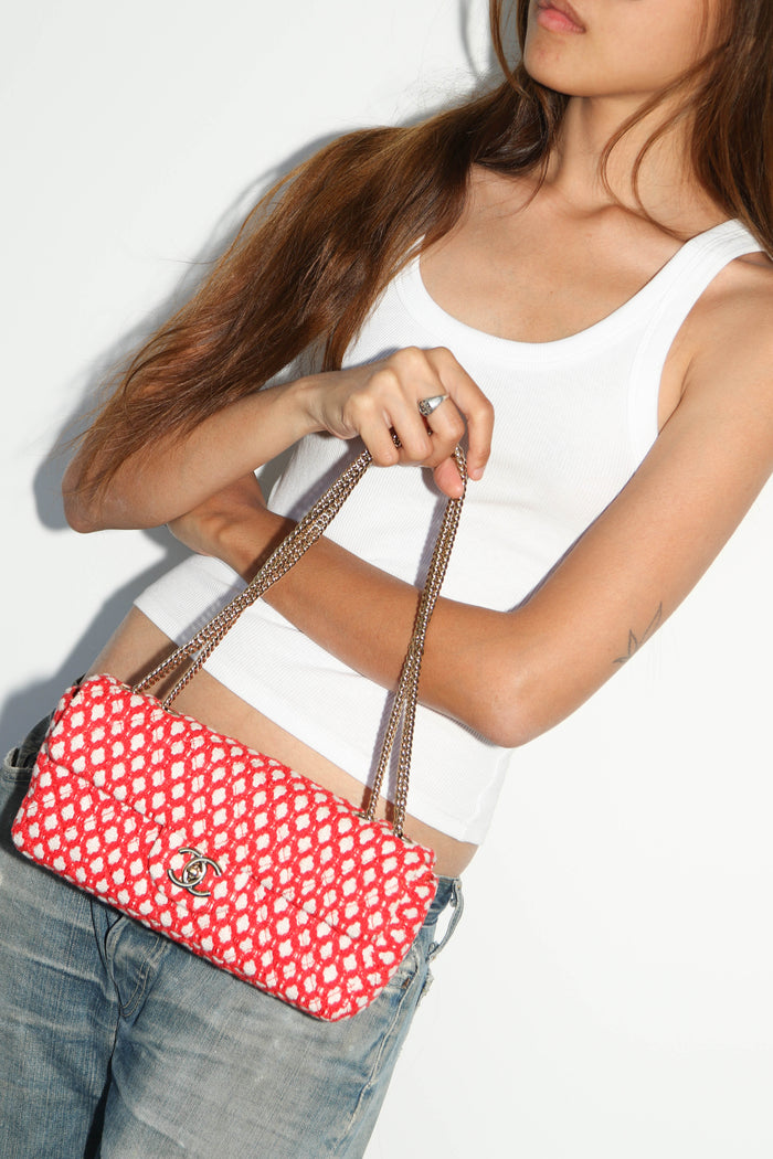 2000s Chanel Red and White Tweed East West Single Flap Bag