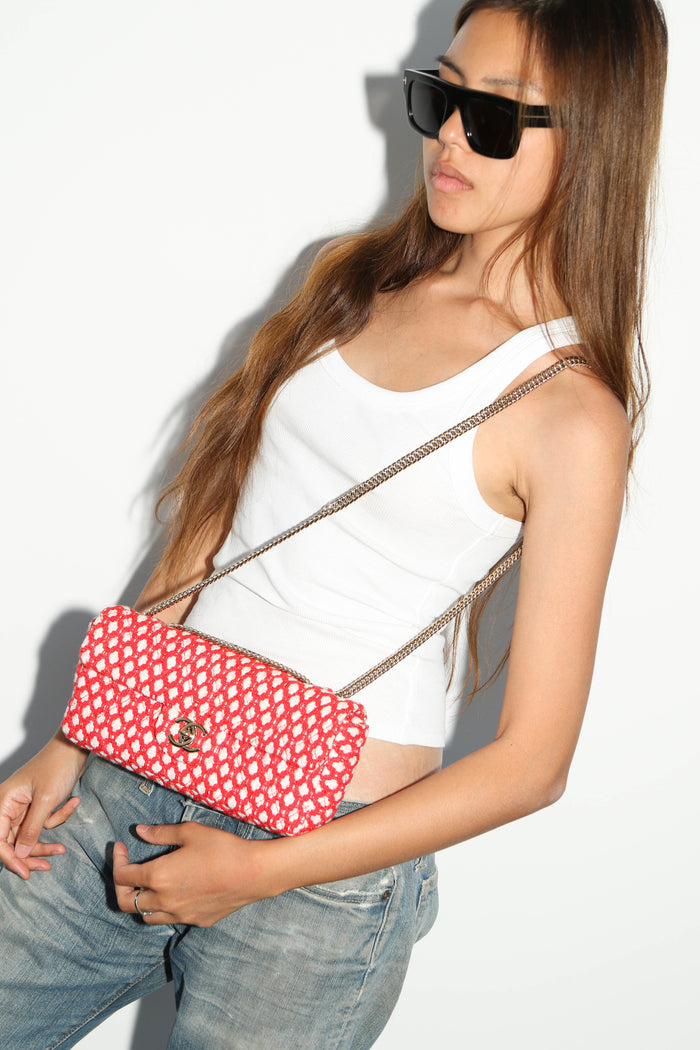 2000s Chanel Red and White Tweed East West Single Flap Bag