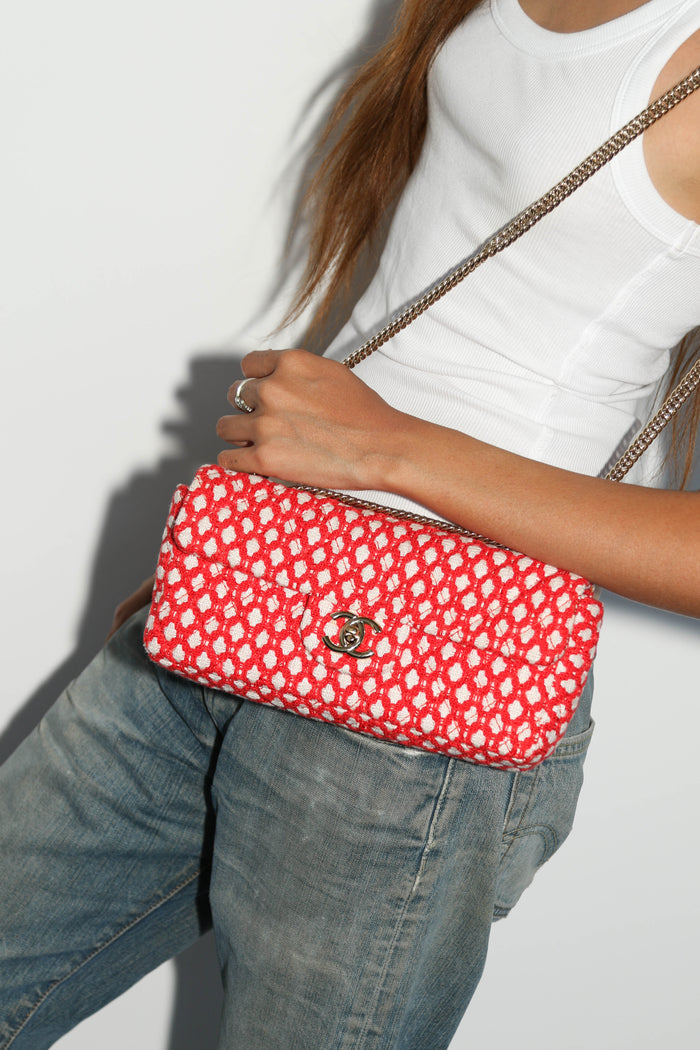 2000s Chanel Red and White Tweed East West Single Flap Bag